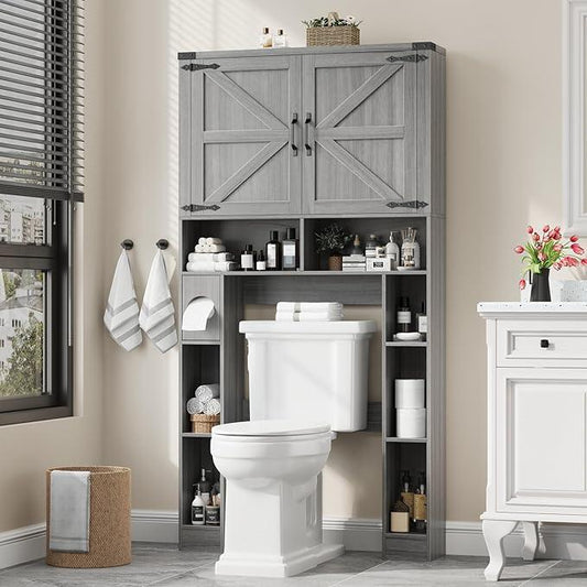 Vabches Over The Toilet Storage Cabinet, Farmhouse Storage Cabinet Over Toilet with 2 Barn Doors ，Toilet Paper Holder Stand，Home Space-Saving Toilet Rack, for Laundry, Restroom, Bathroom.Grey. - ModernBath