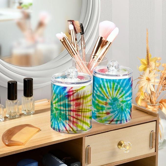 Qtip Holder Bathroom Set Q tip Cotton Ball Swab Pad Dispenser Container Organizer Plastic Jars with Lids Storage 2Pack Multicolor Tie Dye - ModernBath
