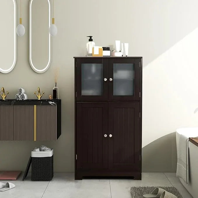 GOFLAME Bathroom Storage Cabinet, Freestanding Storage Cabinet with 4 Doors, Wooden Kitchen Cupboard with Adjustable Shelf, Buffet Sideboard, Multipurpose Home Organizer for Bathroom, Kitchen, Brown - ModernBath