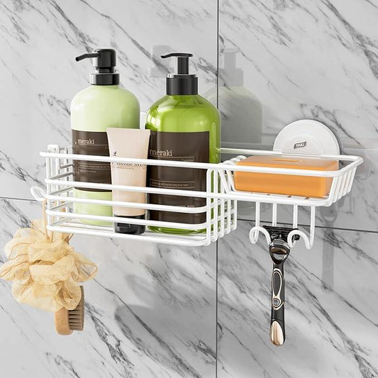 TAILI Shower Caddy Suction Cup with Hooks & Soap Holder, Heavy Duty Bathroom Shower Organizer, No Drilling Shelves for Inside Bathroom, Metal Storage Basket-White - ModernBath