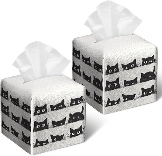 Cute Black Cat Tissue Box Cover 2PCS, Leather Tissue Box Holder Square Facial Paper Case Tissue Box Cube Organizer for Bathroom Bedroom Desk Office - ModernBath