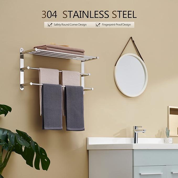 KOKOSIRI Storage Organizer Shelf Wall Mounted Double Towel bar with Shelf Bathroom Towel Rack Double Towel Rack, Polished Chrome, B5003CH - ModernBath