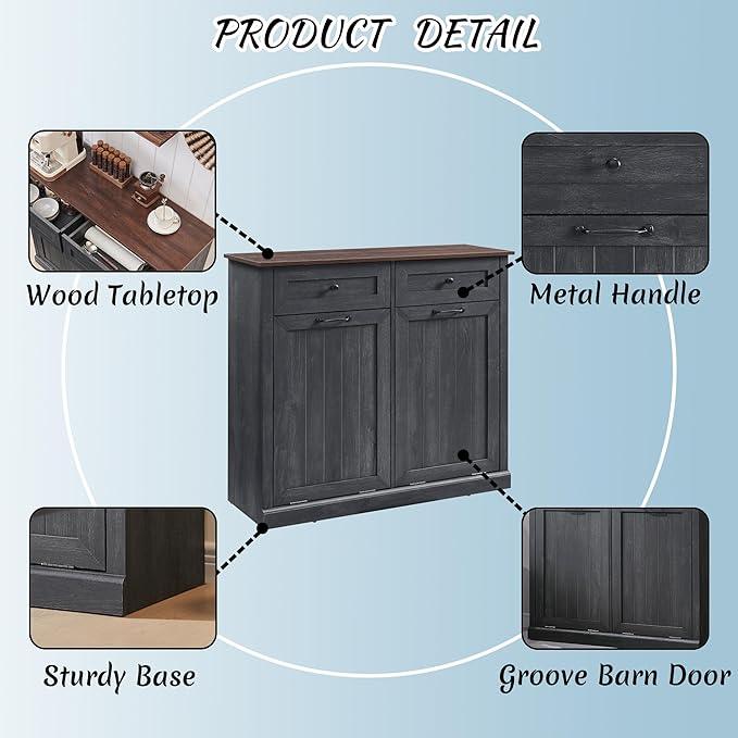 Double Tilt Out Laundry Hamper Cabinet, 20 Gallon Farmhouse Trash Can Cabinet with Drawer, Hidden Wood Garbage Can Bin Cabinet with Laundry Storage Basket for Bathroom, Kitchen, Dark Grey - ModernBath