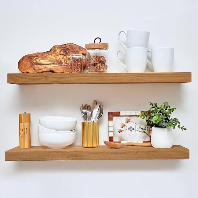 Homeforia 30 inch Golden Oak Floating Shelf, High End Solid Real Wood 30inch Small Floating Shelves for Wall Mounted, Oak Wooden 30in Floating Shelves, Heavy Duty Bracket, 30 X 6.5 X 1.75 in, Set of 3 - ModernBath