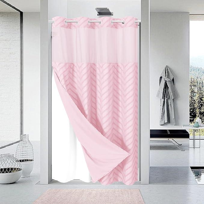 eachope Stall No Hook Boho Farmhouse Shower Curtain with Snap-in Fabric Liner set-54Wx80H(78H),Pink Tufted Chevron Striped Hotel Grade Cloth Shower Curtains for Bathroom,Water Repellent - ModernBath