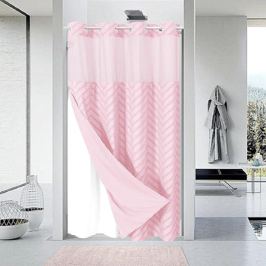 eachope Stall No Hook Boho Farmhouse Shower Curtain with Snap-in Fabric Liner set-54Wx80H(78H),Pink Tufted Chevron Striped Hotel Grade Cloth Shower Curtains for Bathroom,Water Repellent - ModernBath