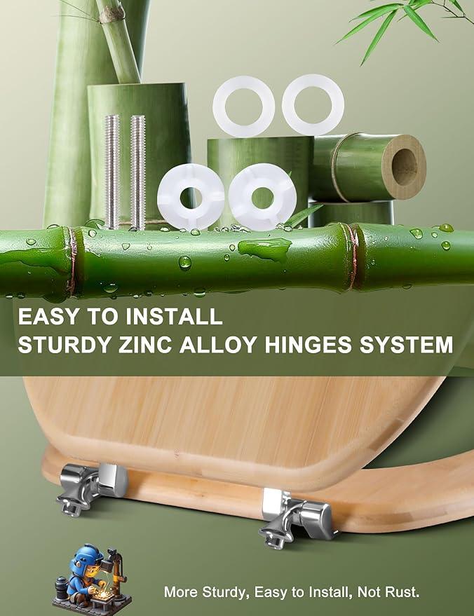 Round Bamboo Toilet Seat with Zinc Alloy Hinges, Easy to Install also Easy to Clean, Natural Bamboo, Light, 16.5-inch - ModernBath