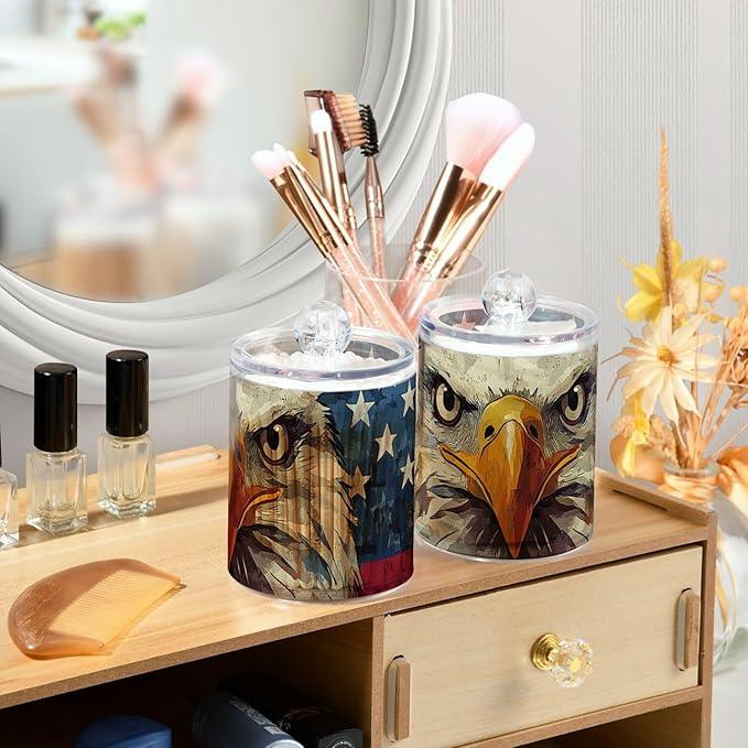 Tatenale Qtip Holder Bathroom Set Q tip Cotton Ball Swab Pad Dispenser Container Organizer Plastic Jars with Lids Storage 2Pack 4th Of July Flag in Eagle Blue - ModernBath