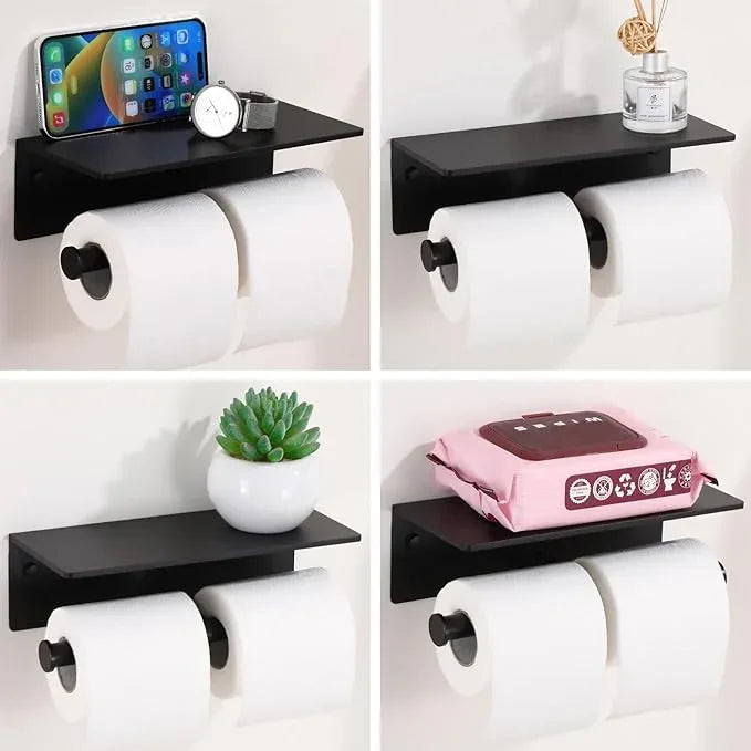 Toilet Paper Holder - Double Rolls Toilet Tissue Holder with Phone Shelf for Bathroom - TP Roll Holder with Wipes Storage, Wall Mounted by Adhesive Pad No Drilling or Screw - Matte Black - ModernBath