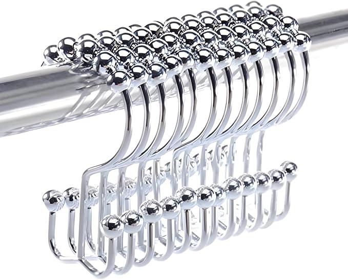 2lbDepot Shower Curtain Rings Hooks - Chrome Finish - Premium 18/8 Stainless Steel - Double Hooks with Easy Glide Rollers Rust Resistant Metal Hook, Six Finishes Available - Set of 12 for Shower Rods - ModernBath