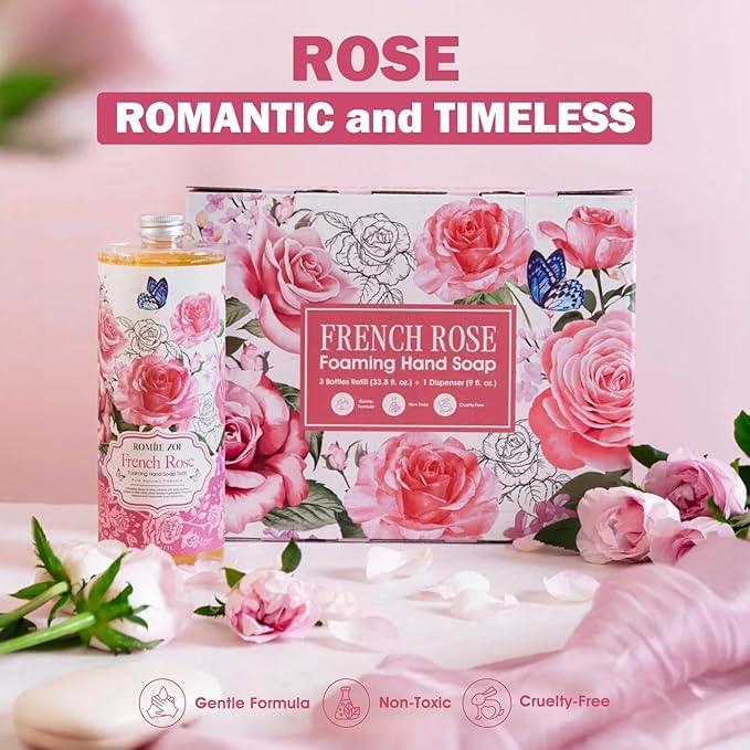 ROMIIE ZOI Rose Foaming Hand Soap Refill Gift Set – 3 Pack (33.8 Fl Oz Each) with Refillable Dispenser, Romantic Floral Scent, Moisturizing & Biodegradable for Bathroom, Kitchen, Sensitive Skin - ModernBath