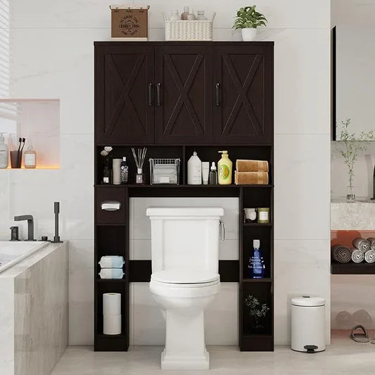 Over The Toilet Storage Cabinet, Farmhouse Toilet Cabinet Rack with 3 Barn Doors, Space Saving Bathroom Organizer with Shelves, Toilet Paper Holder and Towel Rack for Bathroom,Restroom.(Walnut). - ModernBath