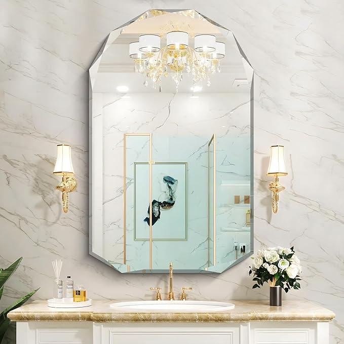 KOCUUY 30"x48" Frameless Mirror, Arched Shape with Diamond-Shaped Beveled Edge,Unframed Decorative with Upgraded Shatterproof Glass,Unique Frameless Mirror for Bathroom,Living Room,Bedroom - ModernBath