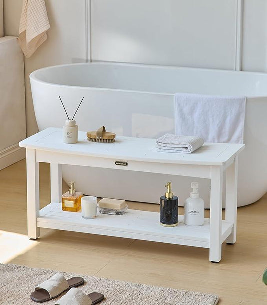 36'' Large Shower Bench Seat, Poly Lumber Bath Double People Stool for Inside Shower Waterproof, HDPS Plastic Bath Spa Chair Seat for Shaving Legs with Adjustable Feet, White (36x13 Inches) - ModernBath
