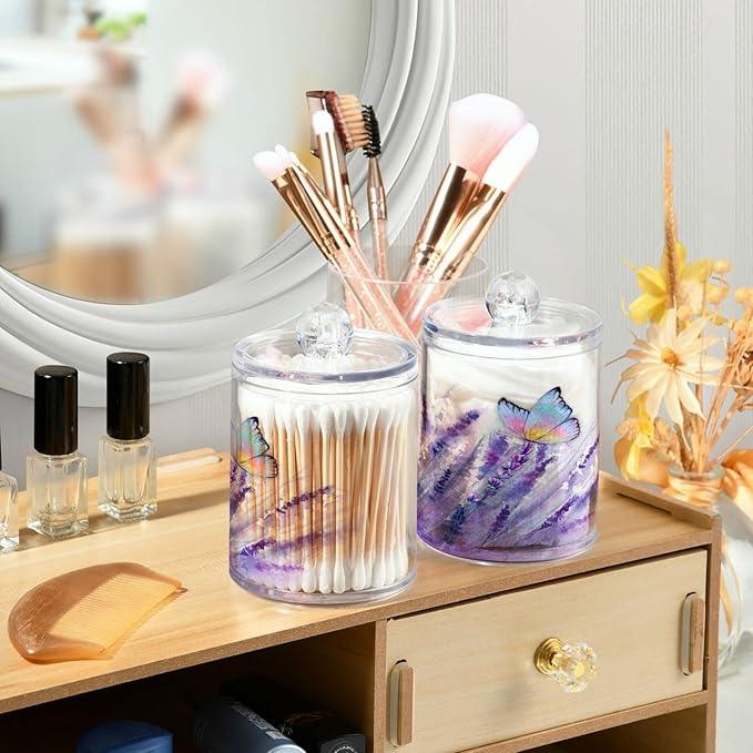 BOENLE 4 Pack Qtip Holder Dispenser Lavender Butterfly Purple Bathroom Storage Canister Lid Acrylic Plastic Apothecary Jar Set Vanity Makeup Organizer for Cotton Swab/Ball/Pad/Floss - ModernBath