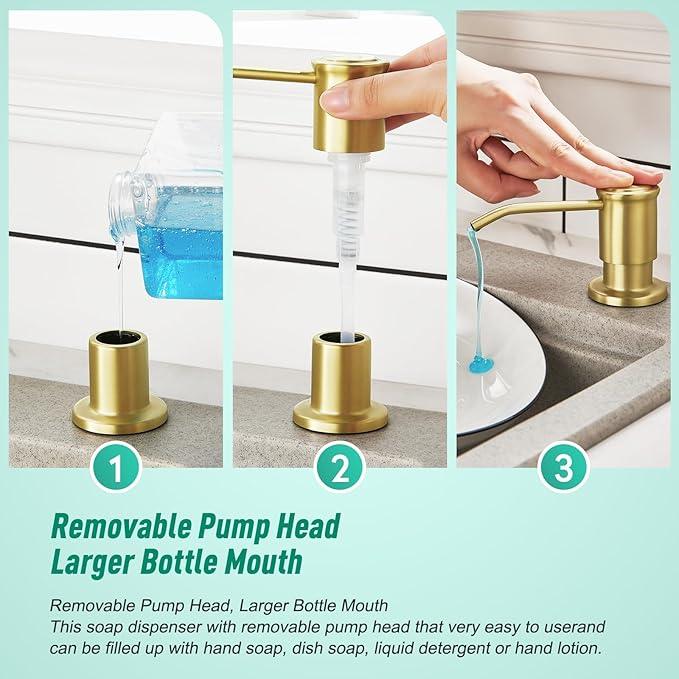 CREA Brushed Gold Kitchen Soap Dispenser Countertop Soap Dispenser for Kitchen Sink, Built in Sink Soap Dispenser for Bathroom with 39" Tube Large Capacity 17 OZ Bottle - ModernBath