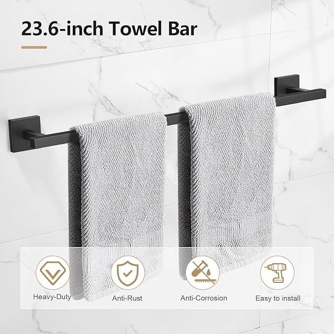 TQKAG 5-Pieces Matte Black Bathroom Hardware Accessories Set 23.6" SUS304 Stainless Steel Towel Bar Set Wall Mounted Square Toilet Paper Holder with Shelf - ModernBath