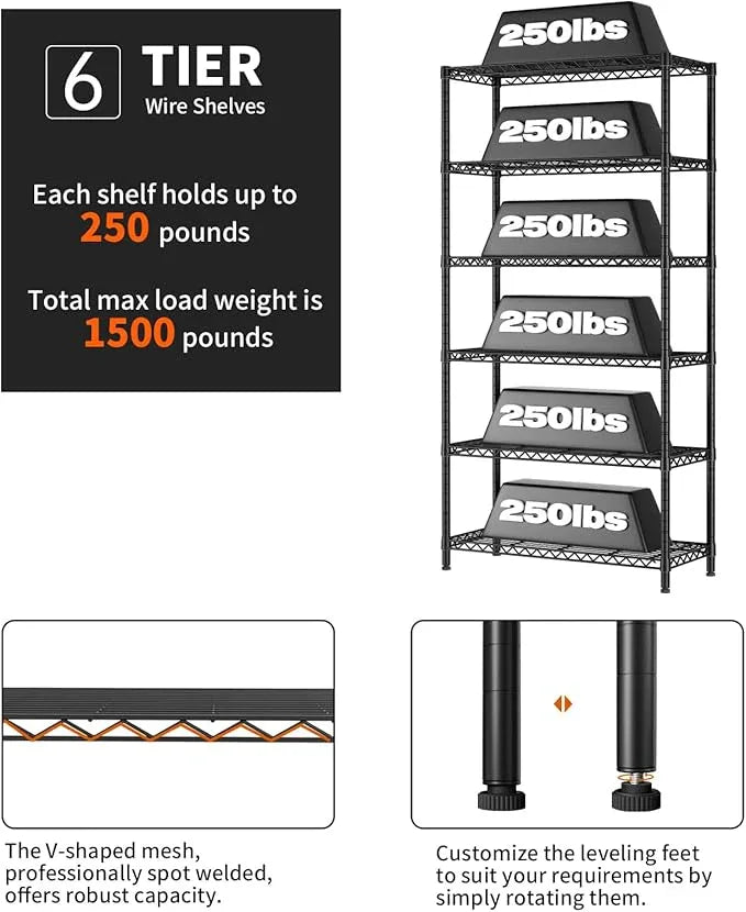 SINGAYE 6 Tier Shelf Organizer Storage Metal Shelves Garage Wire Shelving Unit Pantry Rack Shelves Bathroom Organizers and Shelf Closet Metal Kitchen 36" Dx14 Wx72 H Black - ModernBath