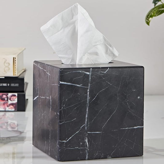 Natural Black Marble Tissue Holder, Removable Tissue Box, Tissue Dispenser with Acrylic Board Bottom, for Bathroom, Living, Bedroom, Dressing Table, Kitchen, Office, 5.5X5.5X5.7 Inch Napkin Box