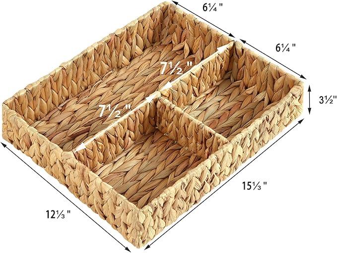 Vagusicc Wicker Divided Storage Basket, Hand-Woven Water Hyacinth Wicker Baskets, Basket for Drawer Organizing, 3 Section Rectangular Woven Storage Baskets, 2-Pack - ModernBath