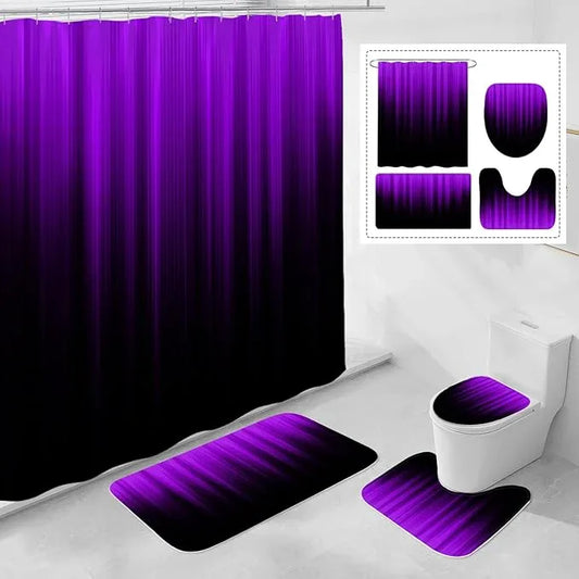 Litabel 4 Pcs Purple and Black Gradient Shower Curtain Set with Rugs and Toilet Lid Cover, Modern Simple Waterproof Fabric Bathroom Set, Ombre Stripe Gothic Abstract Bathroom Decor Set Accessories - ModernBath