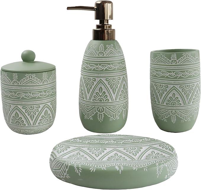 Hymmah Green Bathroom Accessories Set,Farmhouse Bathroom Decor,4 Pcs Resin Gift Set Apartment Necessities, Contain Cotton Swab Jar,Soap Dispenser,Tumbler，Soap Dish/Tray - ModernBath