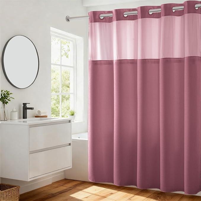 River Dream Heavyweight No Hooks Required Dotted Waffle Weave Shower Curtain with Snap in Liner - 71W x 74H,Hotel Grade,Spa Like Bath Curtain,Pale Mauve - ModernBath
