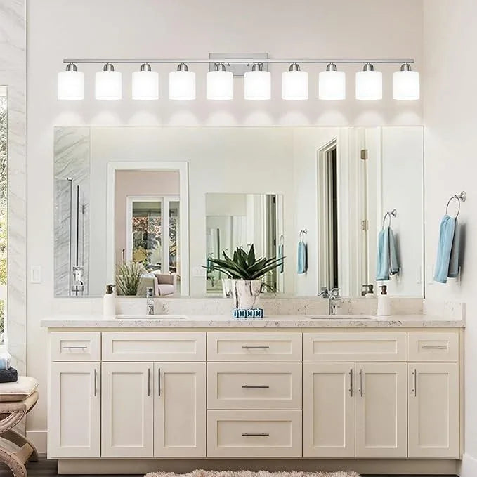 Brushed Nickel Bathroom Vanity Light for Giant Mirror, 10 Light Brushed Nickel Vanity Lights, 65 inch Wall Lamps for Bedroom for Mirrors with Milky White Frosted Glass Shades, E26 - ModernBath