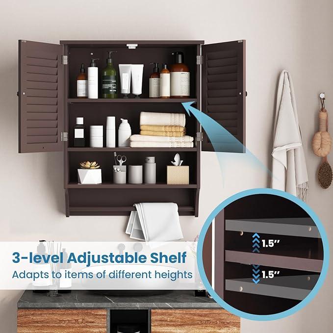 Giantex Wall Mounted Bathroom Cabinet with 2 Louvered Doors, 3-Position Adjustable Shelf, Towel Bar, Over The Toilet Space Saver, Above Toilet Hanging Medicine Cabinet (Espresso) - ModernBath