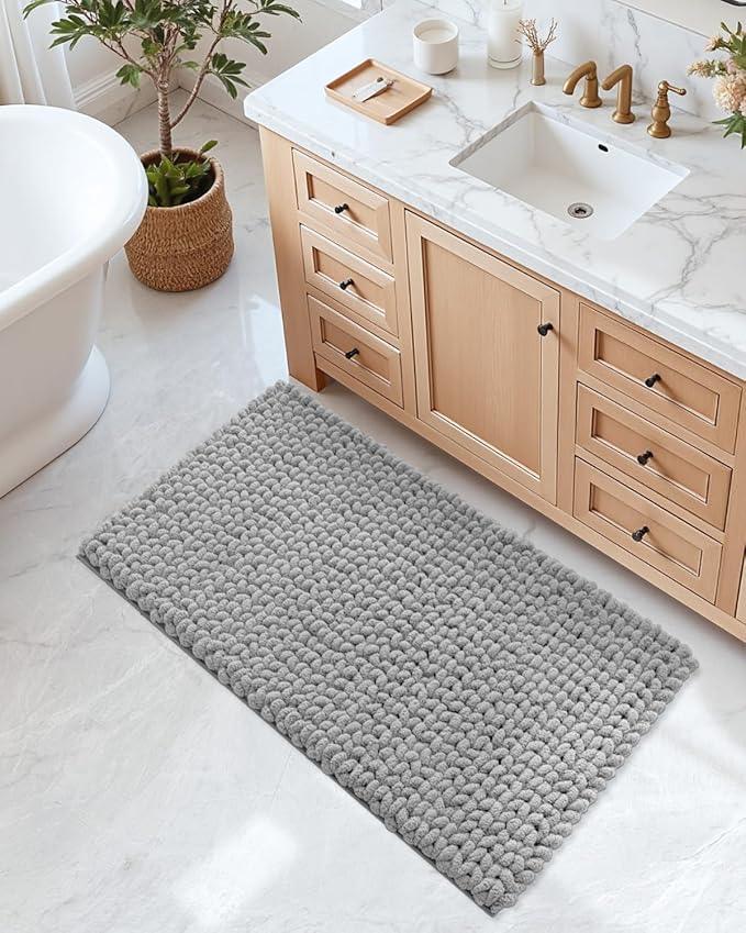 DEXI Bathroom Rugs 24x43, Non Slip Washable Bath Mat, Luxury Chenille Super Absorbent Ultra Thick Bathmats for Shower Floor, Plush Fluffy Shaggy Carpet for Tub, Light Grey - ModernBath