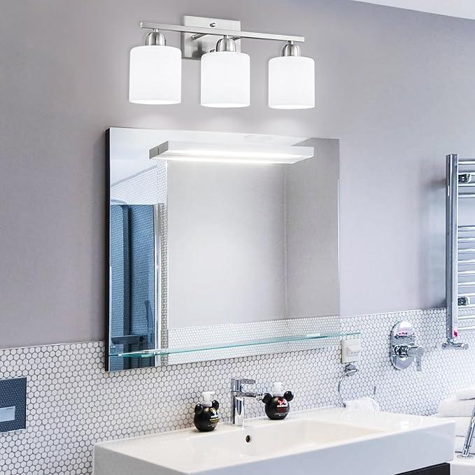 Brushed Nickel Bathroom Light Fixture, 3 Light Vanity Lights for Bathroom, Bath Lights with Milky White Frosted Glass Shades, E26 Socket - ModernBath