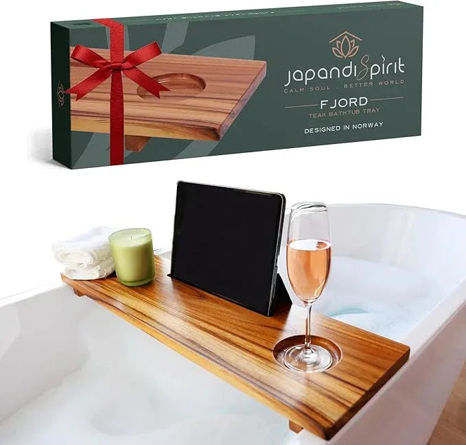 Fjord | Superior Teak Bathtub Tray Wood 29" for Small Tubs | Adjustable Wooden Bathtub Caddy | Sustainable Minimalist Bath Table Tray for Home Spa | by JapandiSpirit - ModernBath