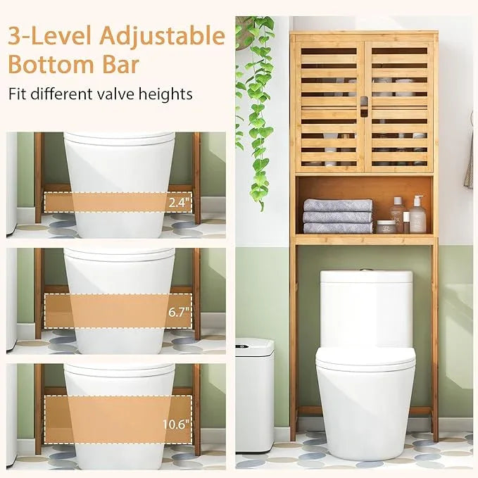 Tangkula Over The Toilet Storage Cabinet, Bamboo Bathroom Space Saver with 2 Doors, Adjustable Bottom Bar, Open Shelf, Freestanding Bathroom Cabinet Organizer Above Toilet for Restroom, Laundry Room - ModernBath