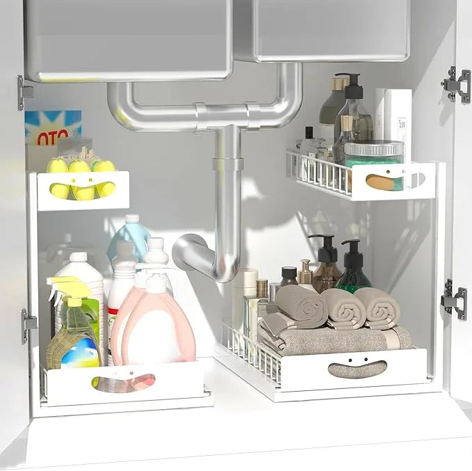 Under Sink Organizer with Pull-Out Drawers,Kitchen Sink Organizer,2 Tier Bathroom Organizers And Storage,Bathroom Accessories Set,White 2 Pack - ModernBath