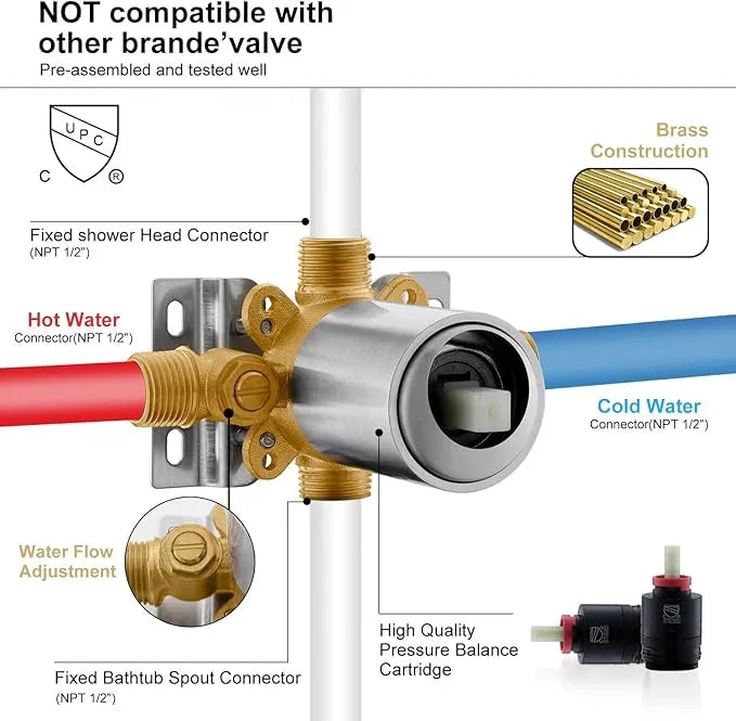 KENES Tub Shower Faucet Set Complete, Brushed Nickel Tub and Shower Trim Kit with 6-Inch Rain Shower Head, Square Shower System, KE-6025A (Shower Valve Included) - ModernBath