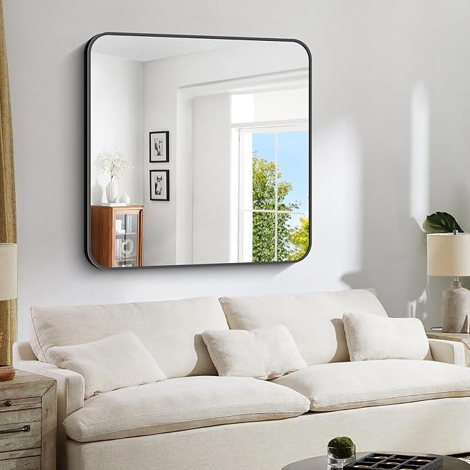 CIVENO Bathroom Mirror, 42x42 inch Black Square Wall Mirror, Rounded Corner Aluminum Metal Frame Vanity Mirror, Large Wall Mounted Mirrors for Over Sink Bedroom Living Room Entryway - ModernBath