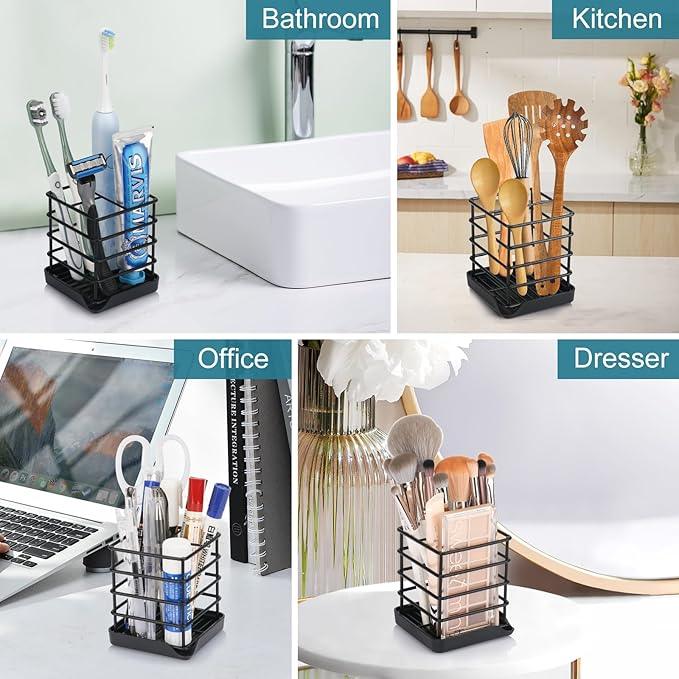 Toothbrush Holders for Bathrooms, Stainless Steel Bathroom Toothbrush Holder Kids Electric Tooth Brushing Holder Stand and Toothpaste Holder for Bathroom Accessories Organizer with Tray, Black (Small) - ModernBath