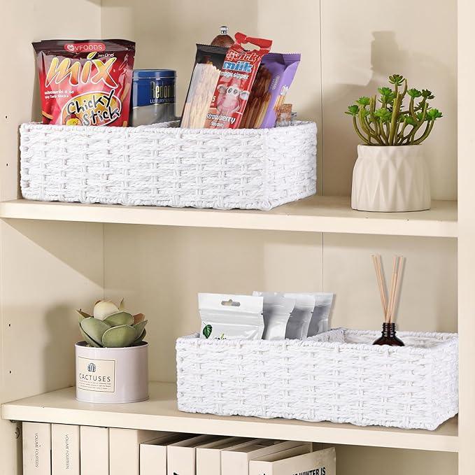 Vagusicc 2 Section Wicker Storage Basket, Wicker Baskets for Storage, Toilet Paper Basket for Toilet Tank Top, Small Wicke Baskets for Organizing Shelves, 2-Pack, White - ModernBath