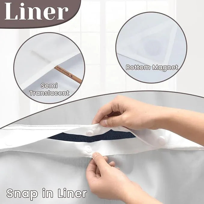SORTTO No Hook Slub Textured Shower Curtain with Snap in Liner - Navy Fabric Outer Curtain & Waterproof Inner Liner, Hotel Style with See Through Top Window, 71x80 in - ModernBath