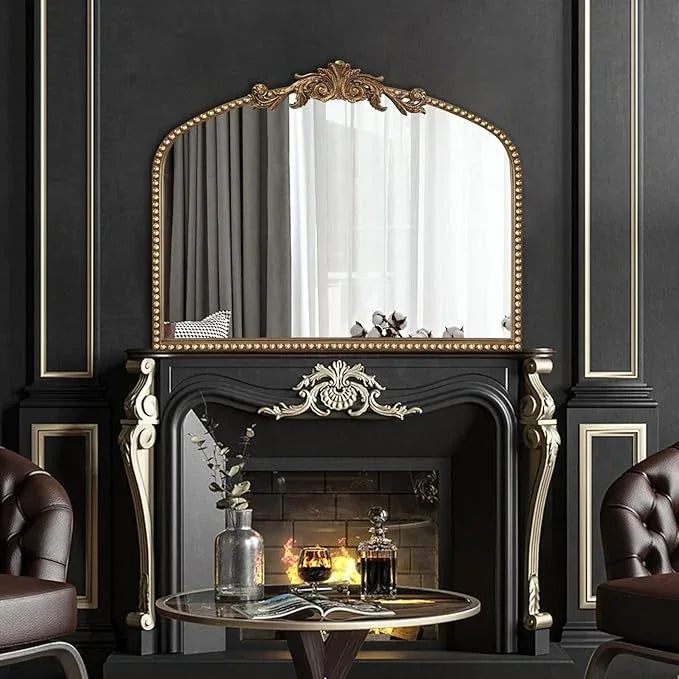 BAODANFU Baroque Arch Mirror for Living Room Wall, 36" X 30" Antique Gold Traditional Cathedral Ornate Beaded Arched Frame Decorative Vanity Mirrors for Mantel Fireplace, Bathroom, Bedroom Decor - ModernBath