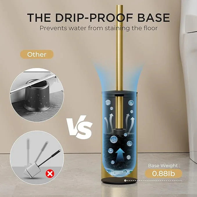 FORIOUS Toilet Brush and Holder Set, 304 Stainless Steel Long Handle and Heavy Duty Base for Bathroom Deep Cleaning, Drip-Proof, Space Saving for Storage, 2 Toilet Bowl Brush Head, Dark Gold - ModernBath