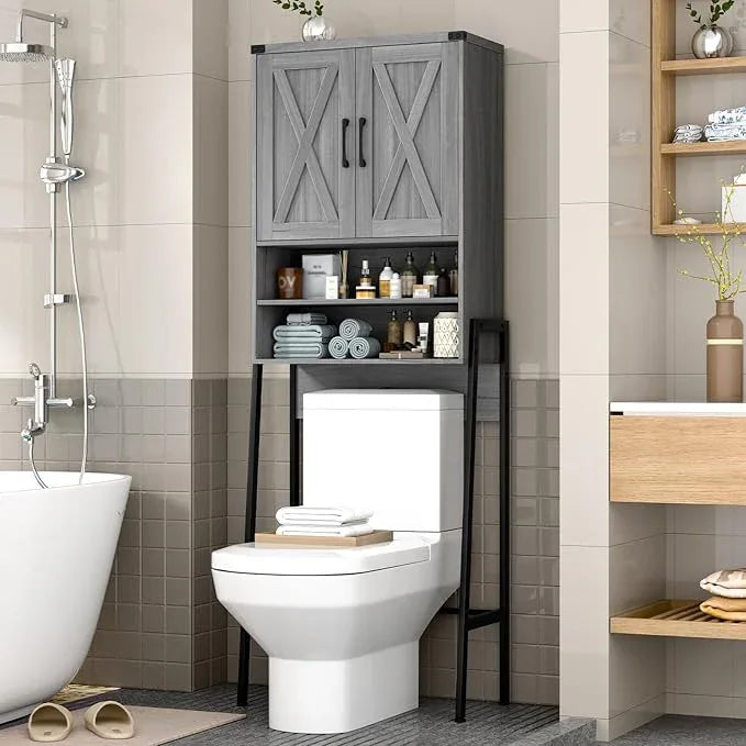 Vabches Over The Toilet Storage Cabinet, Farmhouse Over Toilet Storage Cabinet, Metal Frame with 2 Barn Doors, Home Space-Saving Toilet Rack for Bathroom, Toilet, Laundry Room. - ModernBath