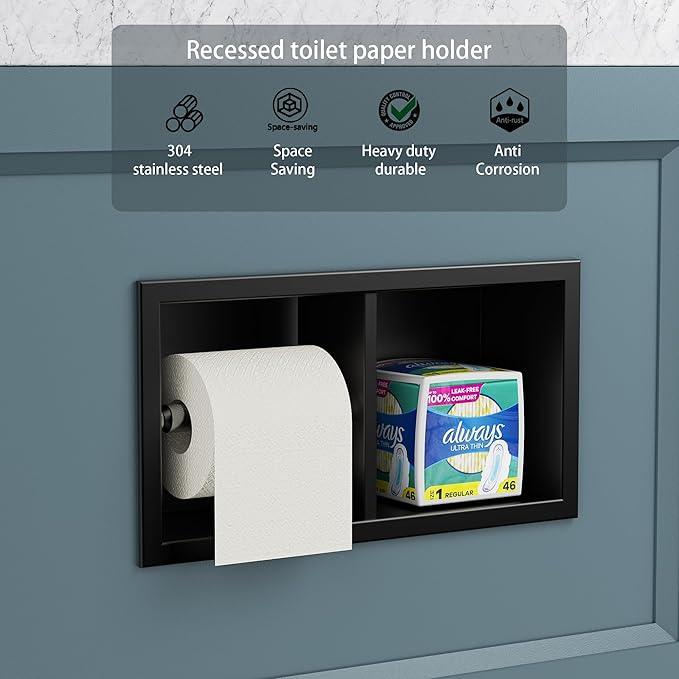 Neodrain Dual Roll Recessed Toilet Paper Holder - 304 Stainless Steel Hidden in-Wall Design Simple Loading and Unloading Space-Saving for Modern Bathrooms (Black) - ModernBath