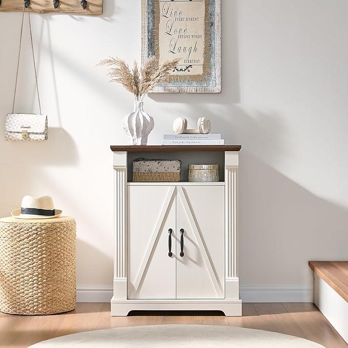 24" Farmhouse Storage Cabinet – Antique White Freestanding Buffet Sideboard with Barn Doors, Adjustable Shelf, Small Coffee Bar for Kitchen, Bathroom & Living Room - ModernBath