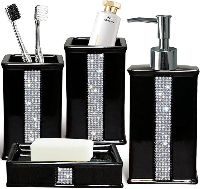 CAAHANJIA Bath Accessories Sets for Bathroom,Black Bathroom soap Dispenser Set,Ceramic Liquid Dispenser Pump, 2 Tumbler Cup,Soap Dish-Bathroom Home Decor Clearance (12 Ounce Black) - ModernBath