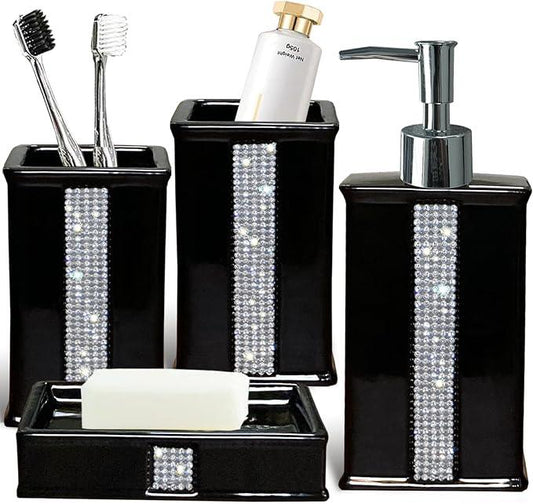 CAAHANJIA Bath Accessories Sets for Bathroom,Black Bathroom soap Dispenser Set,Ceramic Liquid Dispenser Pump, 2 Tumbler Cup,Soap Dish-Bathroom Home Decor Clearance (12 Ounce Black) - ModernBath