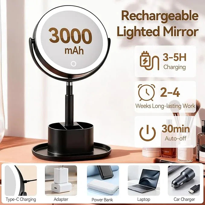 Shinowa Makeup Mirror with Lights, 1X/20X Lighted Magnifying Mirror with Storage for Makeup & Jewelry, 2-Sided Height Adjustable Vanity Mirror with 3 Color Lights, 360° Rotation & Rechargeable, Black - ModernBath