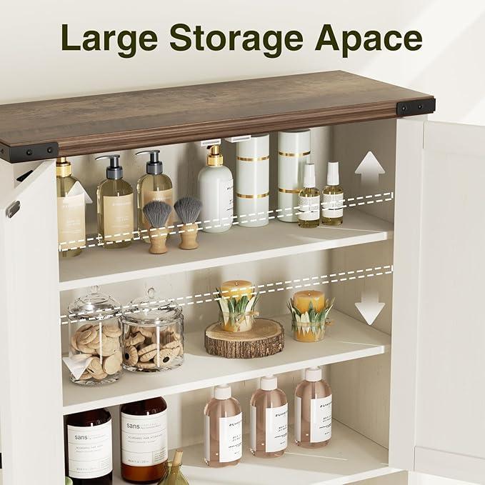 Over The Toilet Storage Cabinet with Farmhouse Doors and Adjustable Shelf, Tall Bathroom Organizer with Metal Stand Space Saver Over Toilet , Wood Rack for Bathroom, Restroom, Laundry, White - ModernBath