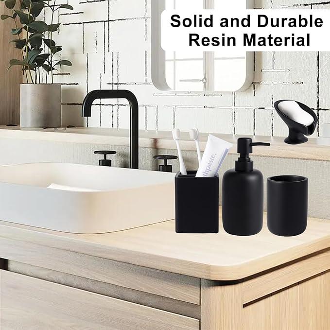 Resin Matte Black Bathroom Accessories Set of 5, Lotion Soap Dispenser, Bathroom Organizer Accessory, Toothbrush Holder, Self Draining Soap Dish and Bathroom Tumbler for Modern Home Decor - ModernBath