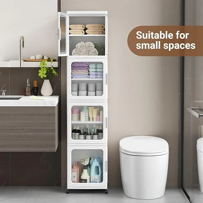 BROVIEW 3-Tier Tall Narrow Storage Cabinet 14.6” Wide, Slim Bathroom Cabinets with Adjustable Shelves and Doors, Plastic Kitchen Pantry Organizers and Storages for Small Space, Laundry, White - ModernBath